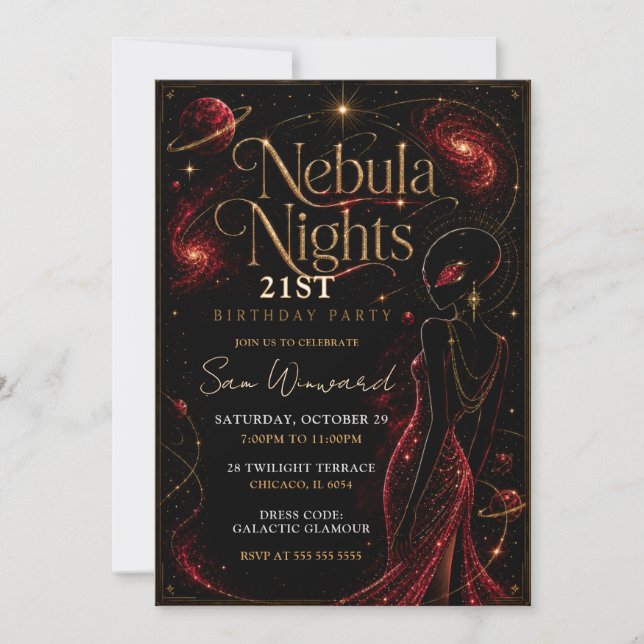 Invitación Fiesta de cumpleaños 21 de Nebula Nights (Anverso)