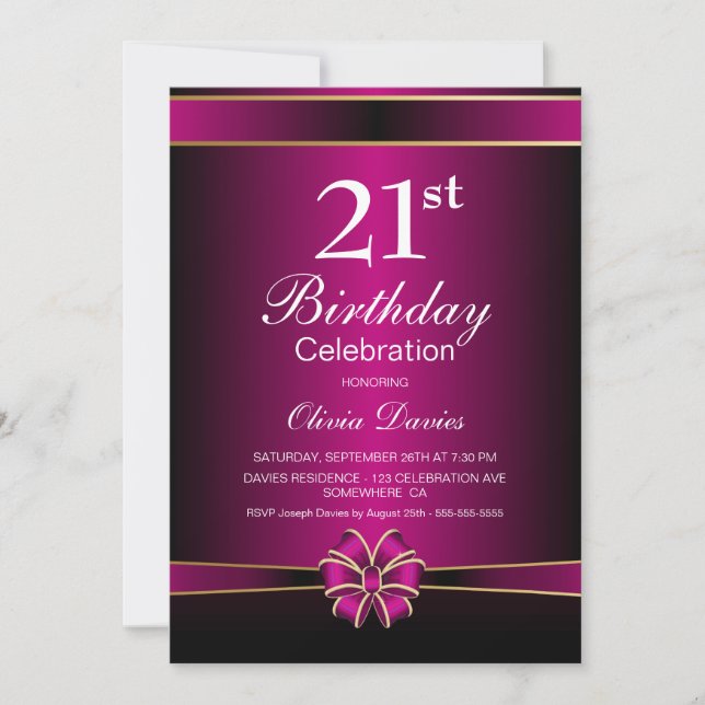 Invitación Fiesta de cumpleaños 21 de Pink Bow (Anverso)