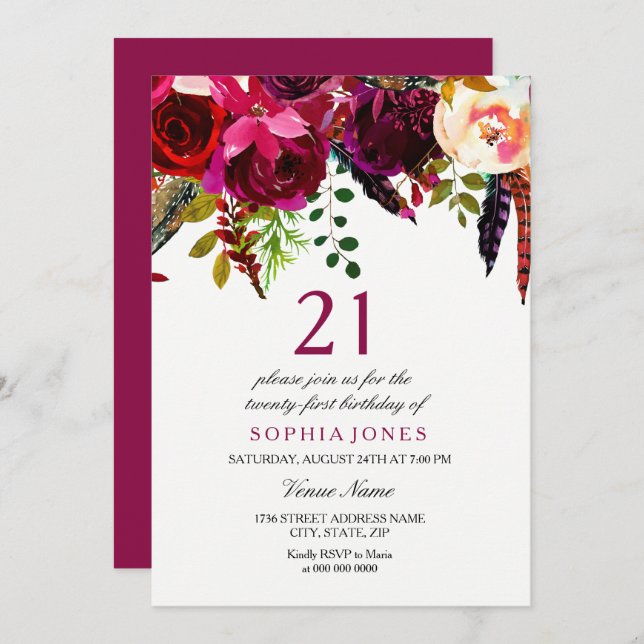 Invitación Fiesta de cumpleaños 21 de Pink & Burgundy Boho Fl (Anverso / Reverso)