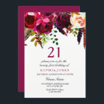 Invitación Fiesta de cumpleaños 21 de Pink & Burgundy Boho Fl<br><div class="desc">Floral rosa y borgoña Boho 21º cumpleaños Fiesta Boho moda borgoña Color de agua rojo rosa blanco floral Hermoso ilustracion acuarela pintado a mano</div>