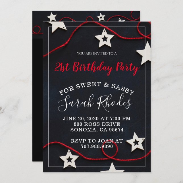 Invitación Fiesta De Cumpleaños 21 De Red Sobre Negro (Anverso / Reverso)