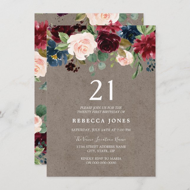 Invitación Fiesta de cumpleaños 21 de Red Wine Burgundy Flora (Anverso / Reverso)