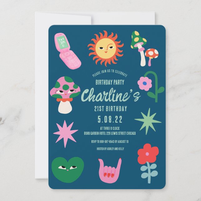 Invitación Fiesta de cumpleaños 21 de Rosa Verde Retro (Anverso)