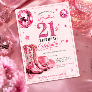 Invitación Fiesta de cumpleaños 21 de vaquera disco rosa