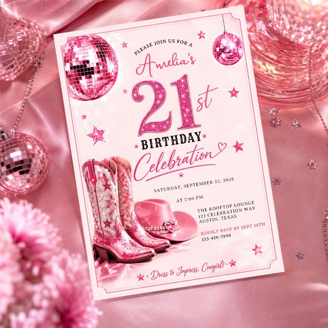 Invitación Fiesta de cumpleaños 21 de vaquera disco rosa (Subido por el creador)