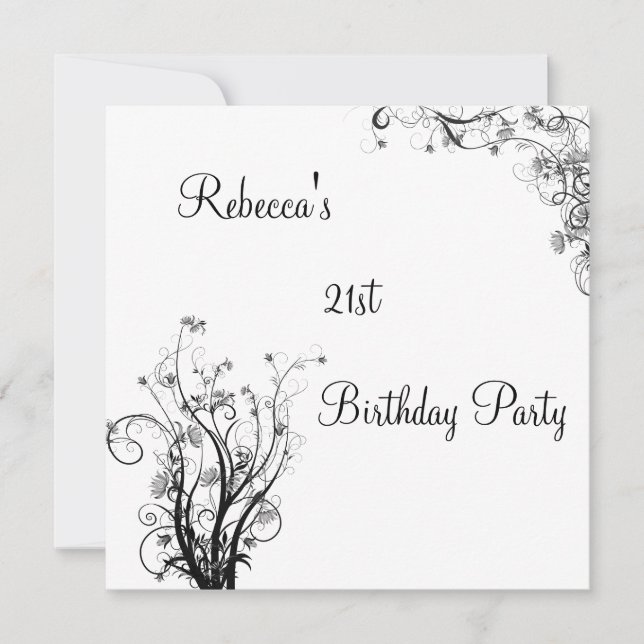 Invitación Fiesta de cumpleaños 21 de White Black Wispy Flora (Anverso)