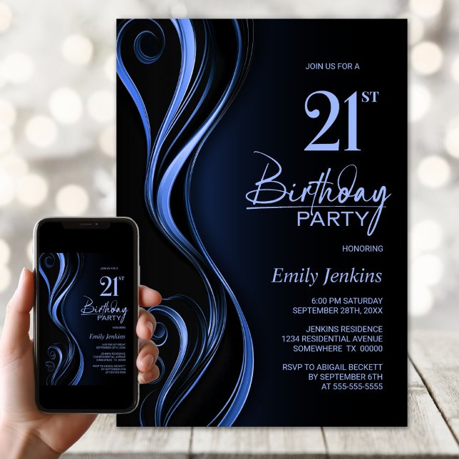 Invitación Fiesta de cumpleaños 21 del Black Blue moderno (Subido por el creador)