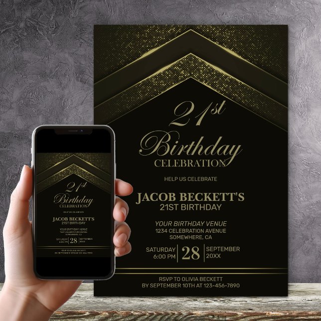 Invitación Fiesta de cumpleaños 21 del oro negro moderno (Subido por el creador)