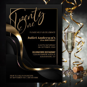 Invitación Fiesta de cumpleaños 21 del oro negro moderno