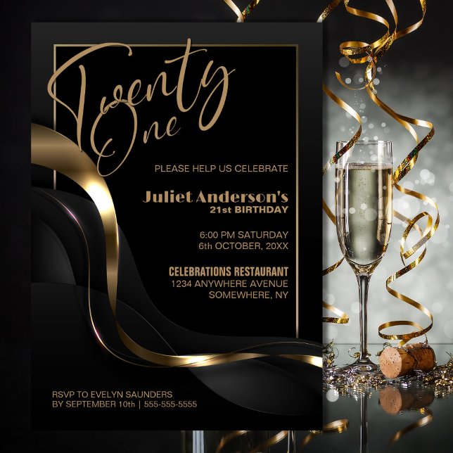 Invitación Fiesta de cumpleaños 21 del oro negro moderno (Subido por el creador)