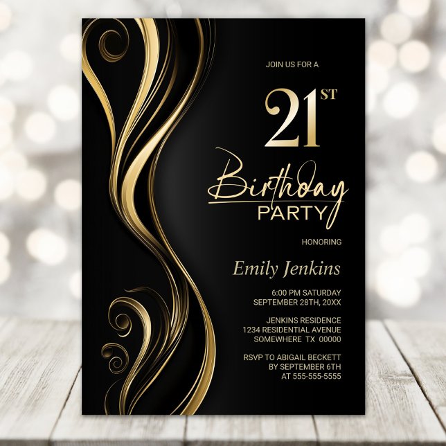 Invitación Fiesta de cumpleaños 21 del oro negro moderno (Subido por el creador)
