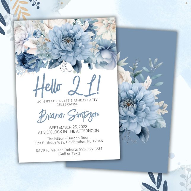 Invitación Fiesta de cumpleaños 21 Dusty Blue Floral (Subido por el creador)