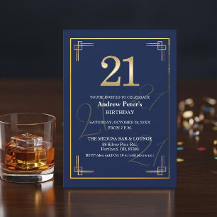 Invitación Fiesta de cumpleaños 21 elegante azul oro