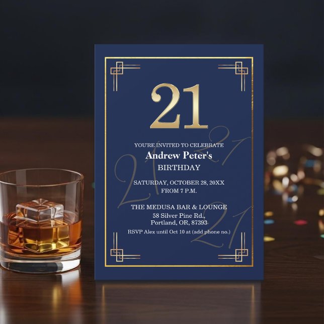 Invitación Fiesta de cumpleaños 21 elegante azul oro (Subido por el creador)