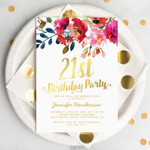 Invitación Fiesta de cumpleaños 21 elegante con flores en oro