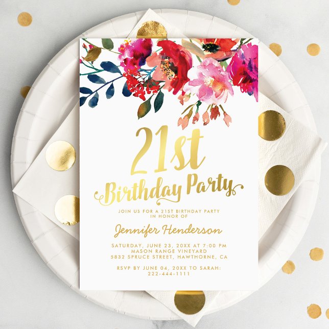 Invitación Fiesta de cumpleaños 21 elegante con flores en oro (Subido por el creador)