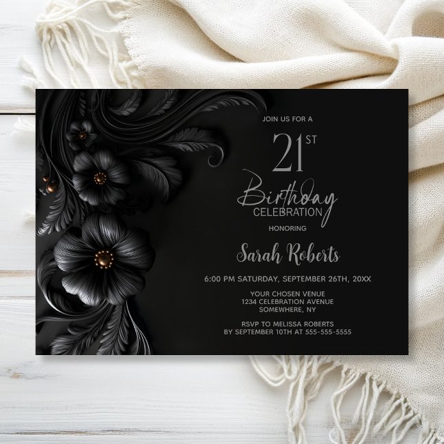 Invitación Fiesta de cumpleaños 21 elegante con flores negras (Subido por el creador)