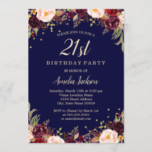 Invitación Fiesta de cumpleaños 21 elegante floral Burgundy N
