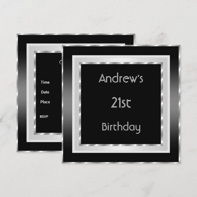 Invitación Fiesta de cumpleaños 21 elegante negro blanco plat (Anverso / Reverso)