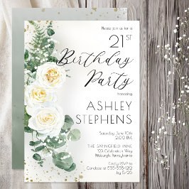 Invitación Fiesta de cumpleaños 21 Elegante rosa blanca eucal