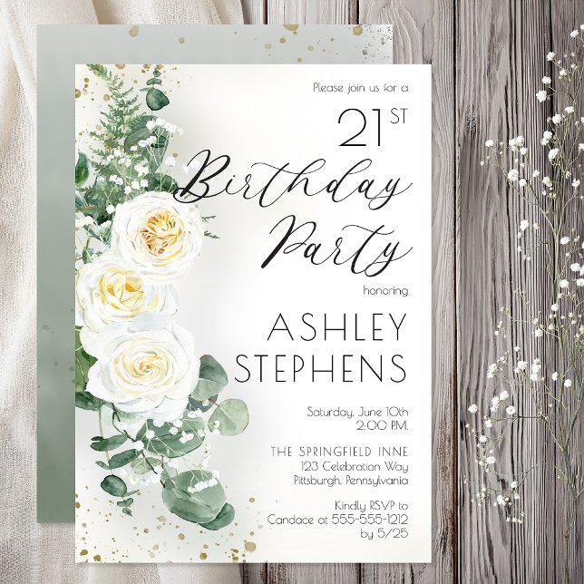 Invitación Fiesta de cumpleaños 21 Elegante rosa blanca eucal (Boho White Roses Eucalyptus 21st Birthday Party Invitation -- Print | Digital Download)