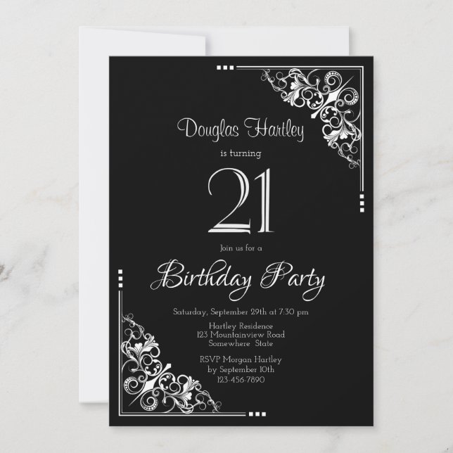 Invitación Fiesta de cumpleaños 21 en blanco y negro (Anverso)