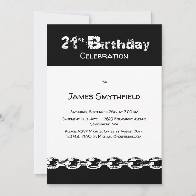 Invitación Fiesta de cumpleaños 21 en blanco y negro (Anverso)