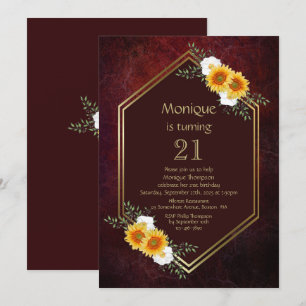 Invitación Fiesta de cumpleaños 21 en Borgoña del girasol de