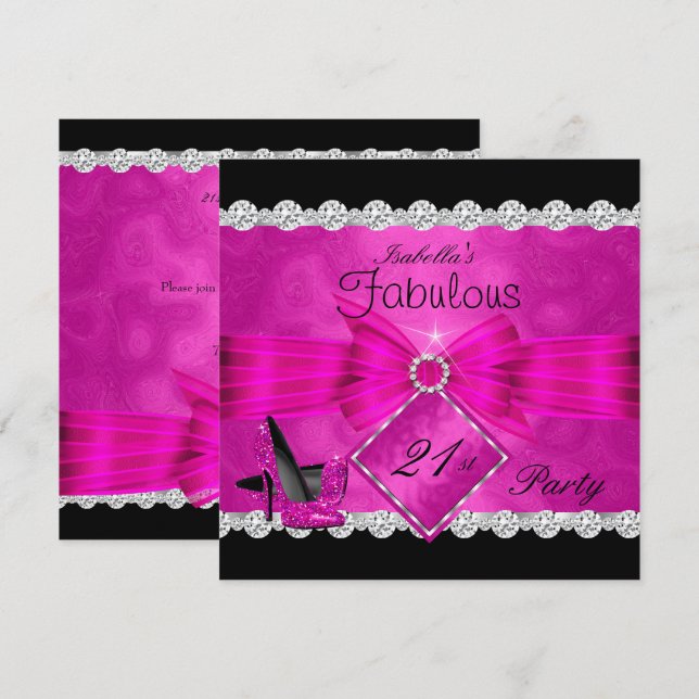 Invitación Fiesta de Cumpleaños 21 Fabulosa Rosa Negro Platea (Anverso / Reverso)