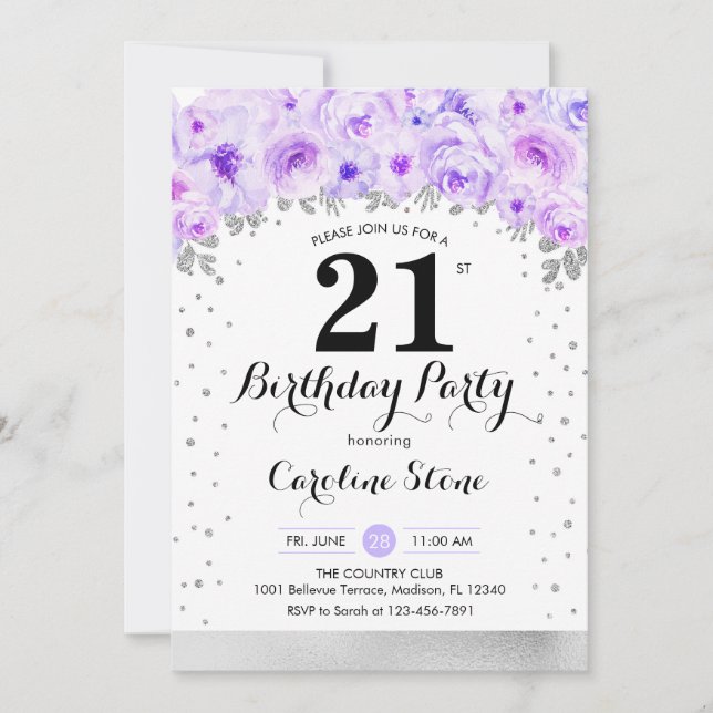 Invitación fiesta de cumpleaños 21 - Flores moradas plateadas (Anverso)