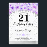 Invitación fiesta de cumpleaños 21 - Flores moradas plateadas<br><div class="desc">Invitación a la fiesta de cumpleaños 21. Elegante diseño en una falsa plata purpurina con acento floral. Invitar a la tarjeta con tipo de letra de guión y con contenido. Pastel morado y blanco. Perfecto para una elegante celebración de los 30 días. Mándame un mensaje si necesitas edad personalizado.</div>
