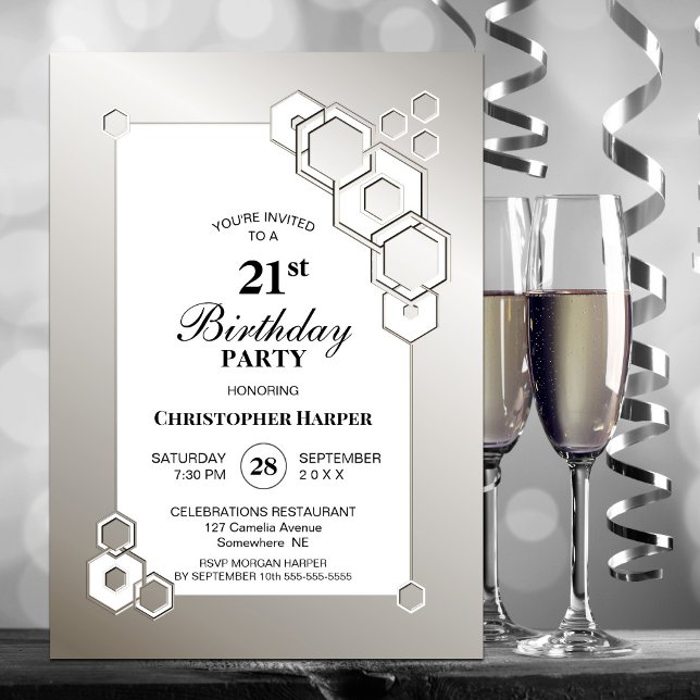 Invitación Fiesta de cumpleaños 21 geométrico plateado (Subido por el creador)