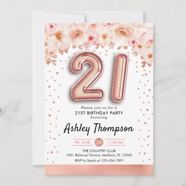 Invitación fiesta de cumpleaños 21 - Globos de oro Rosa (Anverso)