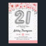 Invitación fiesta de cumpleaños 21 - Globos plateados<br><div class="desc">Invitación a la fiesta de cumpleaños 21. Elegante diseño en una falsa plata purpurina con acento floral. Invitar tarjeta con el número de plata 21 globos,  letra de guión con confeti. Rosa de coral Rubor,  blanco. Perfecto para una elegante celebración de cumpleaños. Mándame un mensaje si necesitas edad personalizado.</div>