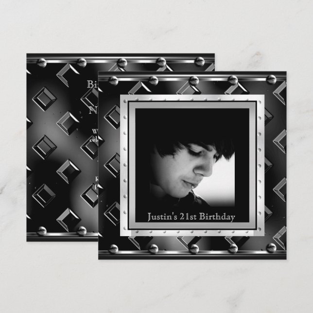 Invitación Fiesta de cumpleaños 21 hombres aspecto Metalizado (Anverso / Reverso)