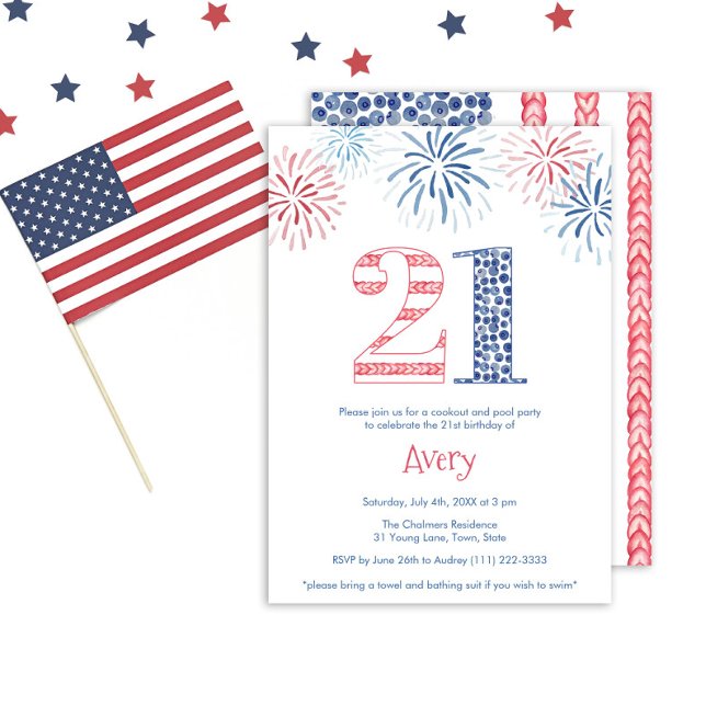 Invitación Fiesta de cumpleaños 21 informal al aire libre de  (A fun summer-inspired red white and blue 21st birthday party invitation card design)