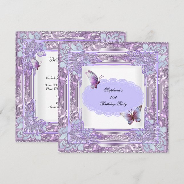 Invitación Fiesta de cumpleaños 21 Lilac Mariposa Blanca (Anverso / Reverso)
