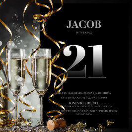 Invitación Fiesta de cumpleaños 21 minimalista negro y platea