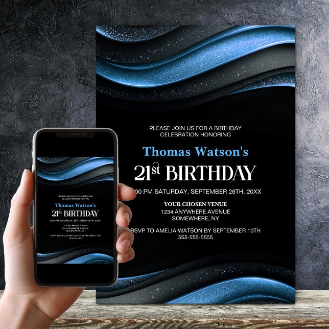 Invitación Fiesta de cumpleaños 21 moderna negra y azul (Subido por el creador)