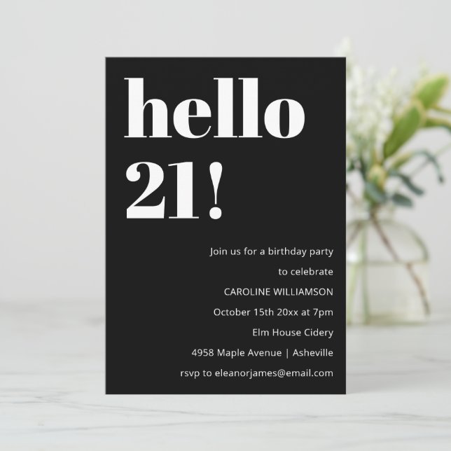Invitación Fiesta de cumpleaños 21 moderno chic negro blanco  (Anverso de pie)