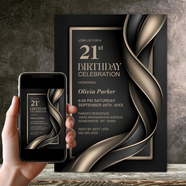 Invitación Fiesta de cumpleaños 21 moderno negro y beige (Subido por el creador)