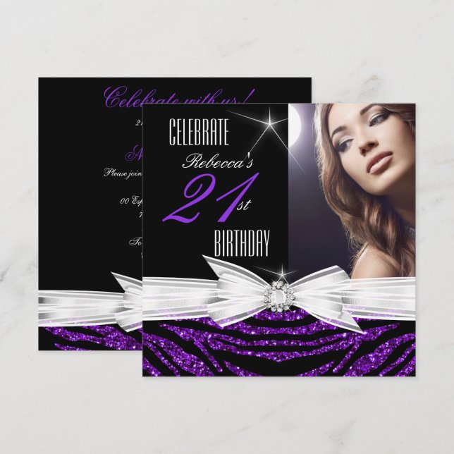 Invitación Fiesta de cumpleaños 21 Morado 21 Cebra Foto 3 (Anverso / Reverso)