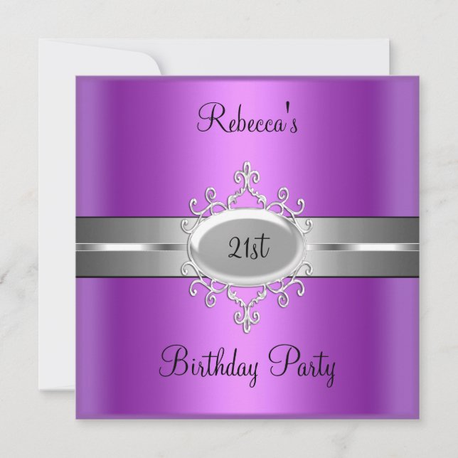 Invitación Fiesta de Cumpleaños 21 Morado Rosa Plateado (Anverso)