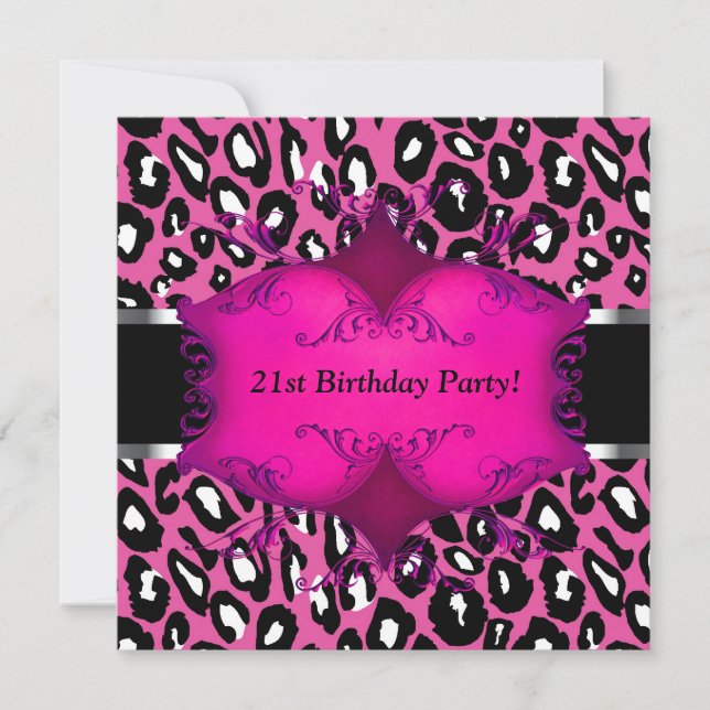Invitación Fiesta de cumpleaños 21 mujeres leopardo rosa (Anverso)