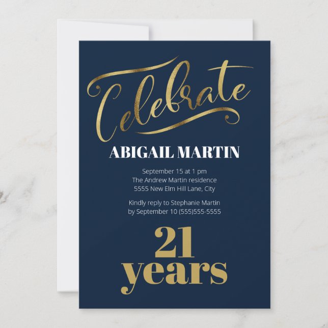 Invitación Fiesta de cumpleaños 21 Navy Azul Oro Blanco (Anverso)