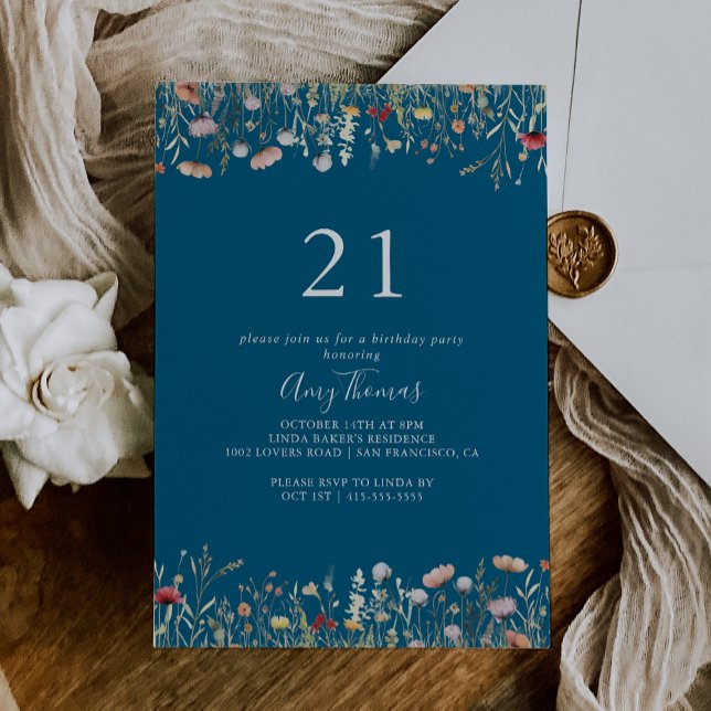 Invitación Fiesta de cumpleaños 21 Navy Blissful Boho Wildflo (Subido por el creador)