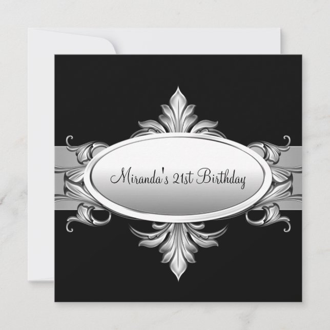 Invitación Fiesta de cumpleaños 21 negro blanco plateado (Anverso)