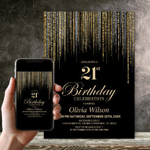 Invitación Fiesta de cumpleaños 21 negro con brillo dorado