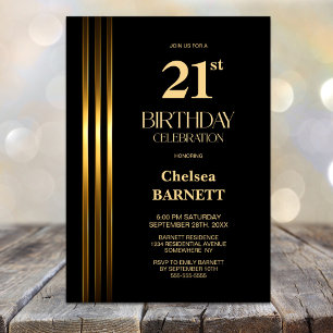 Invitación Fiesta de cumpleaños 21 negro con rayas doradas