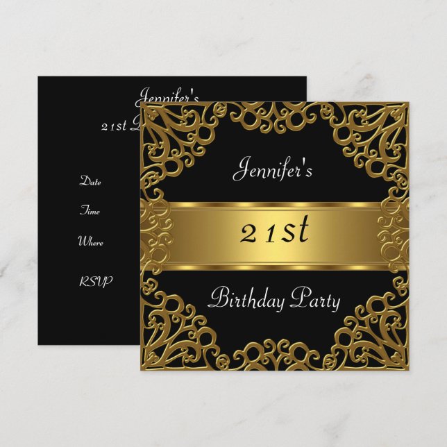Invitación Fiesta de cumpleaños 21 Negro Oro (Anverso / Reverso)